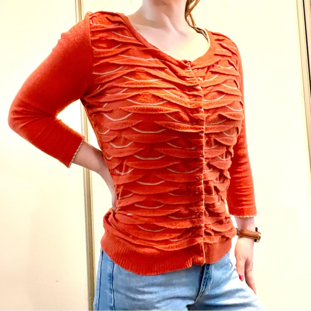 Anthropologie Little Yellow Bird Winter Waves Orange Cardigan Snap Front Sweater - Picture 3 of 11